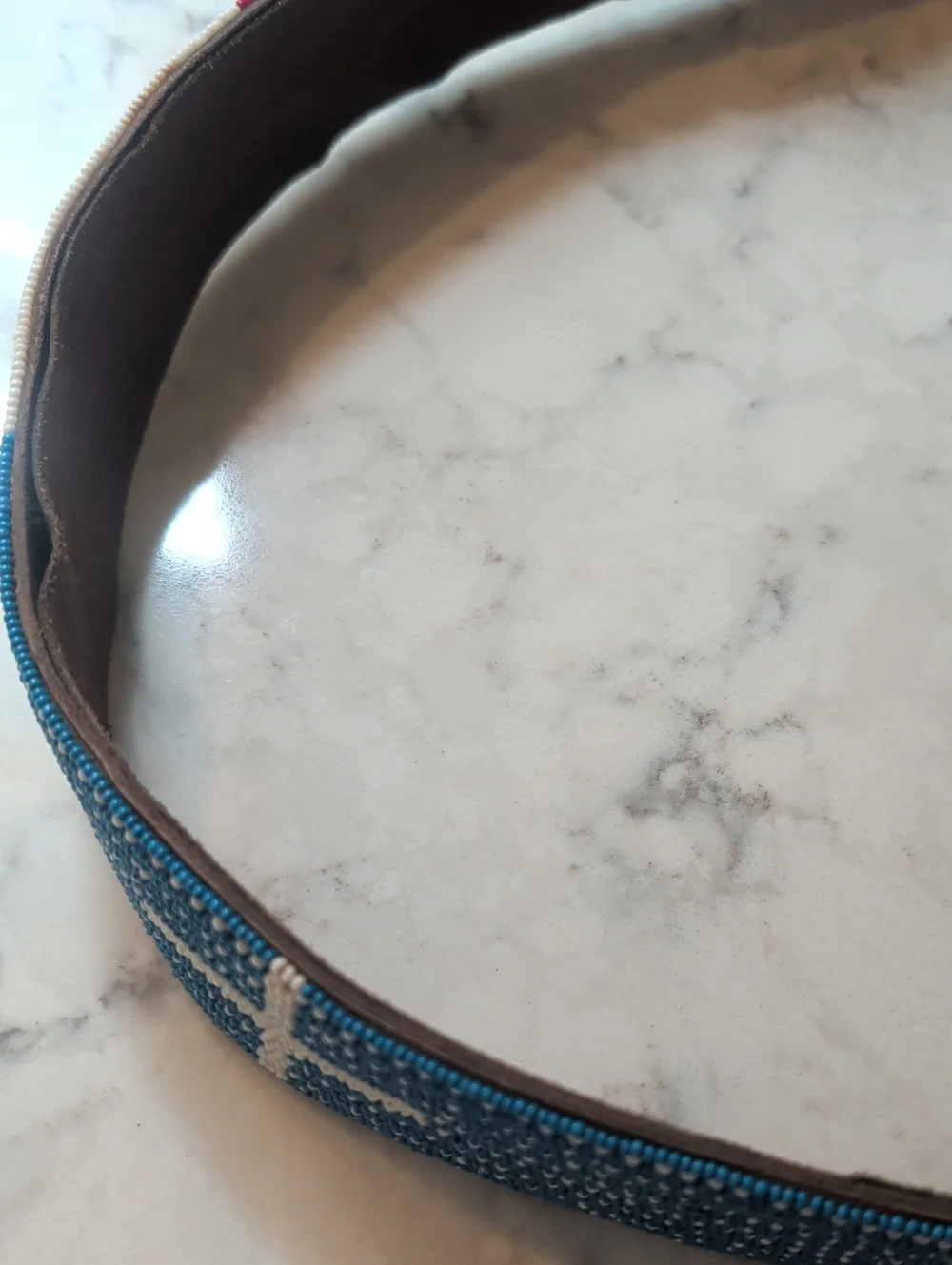 Hand Beaded Blue Leather Belt with Cross Detail